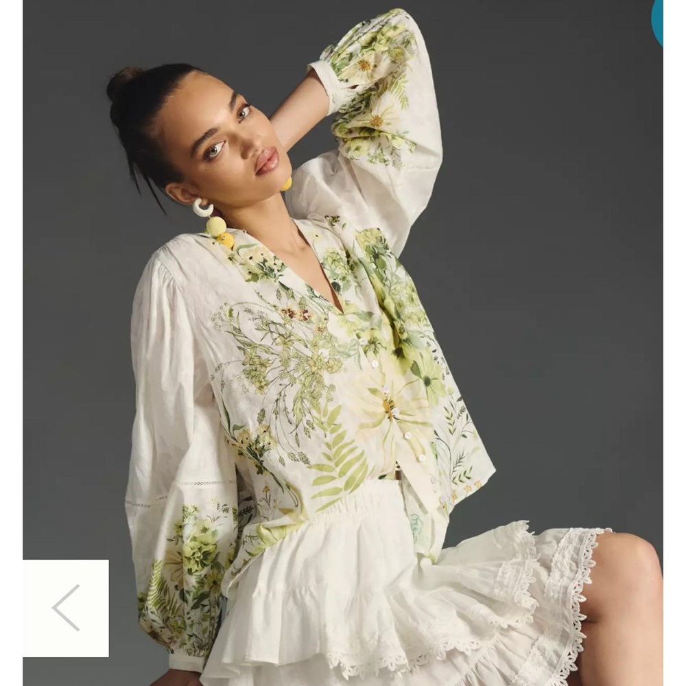 Anthropologie Floral Blouse - Green and Cream